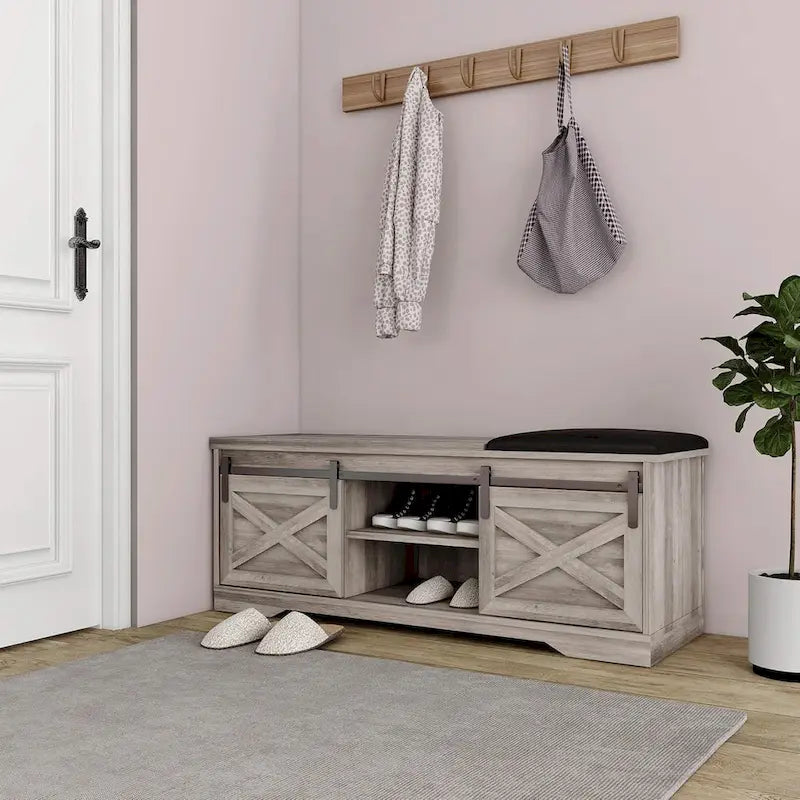 47 inch Shoes Bench with Sliding Barn Door Storage Cabinet and Adjustable Shelves - 47.24Lx15.35Dx18.7H