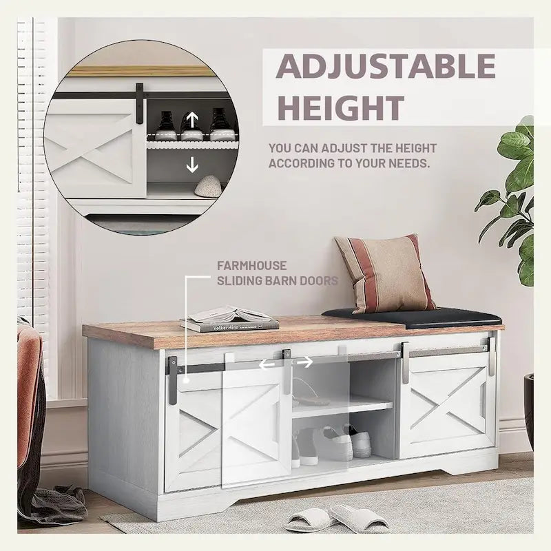 47 inch Shoes Bench with Sliding Barn Door Storage Cabinet and Adjustable Shelves - 47.24Lx15.35Dx18.7H