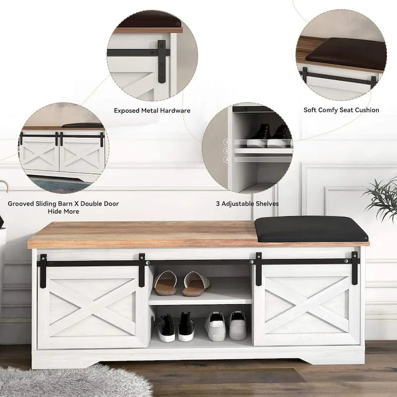 47 inch Shoes Bench with Sliding Barn Door Storage Cabinet and Adjustable Shelves - 47.24Lx15.35Dx18.7H