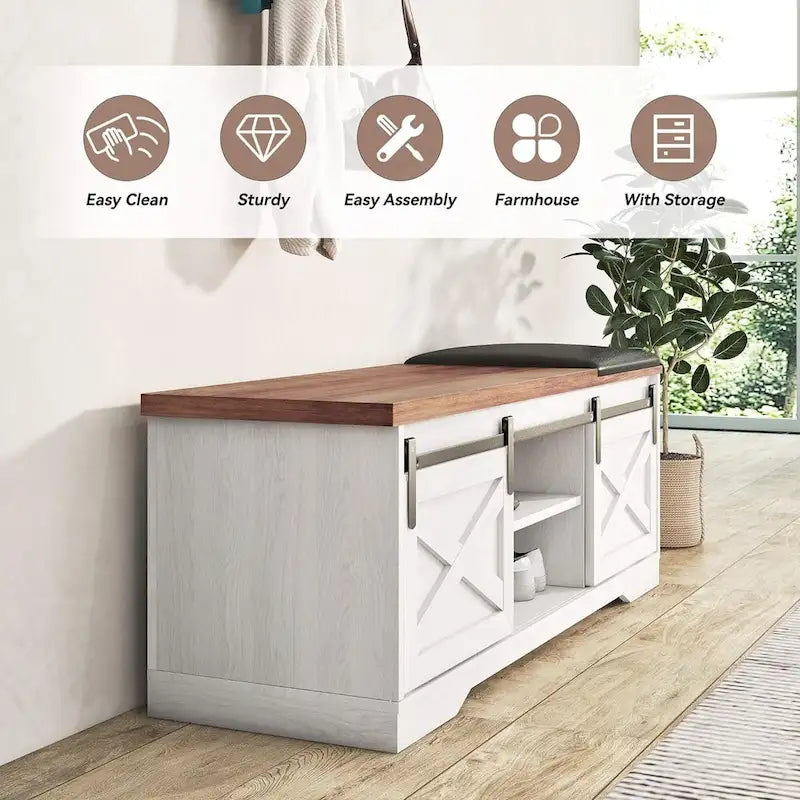 47 inch Shoes Bench with Sliding Barn Door Storage Cabinet and Adjustable Shelves - 47.24Lx15.35Dx18.7H