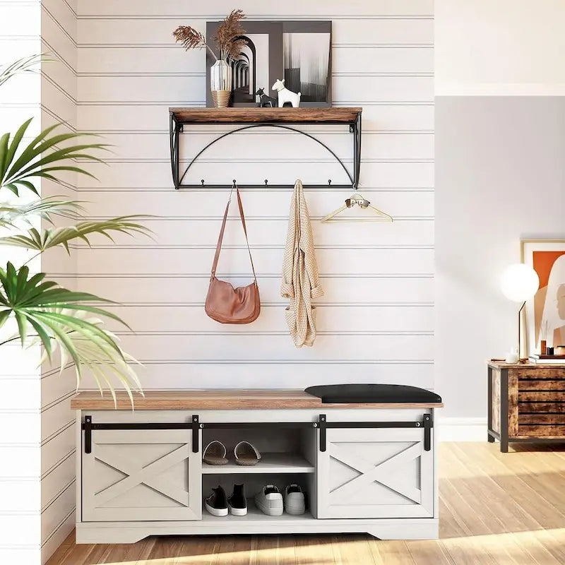 47 inch Shoes Bench with Sliding Barn Door Storage Cabinet and Adjustable Shelves - 47.24Lx15.35Dx18.7H