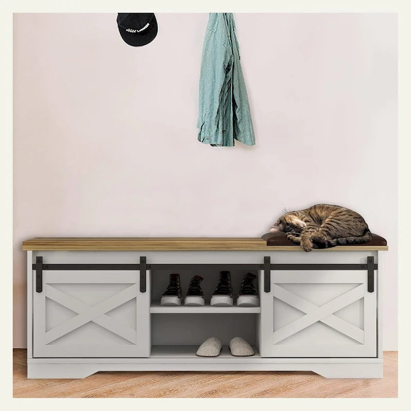 47 inch Shoes Bench with Sliding Barn Door Storage Cabinet and Adjustable Shelves - 47.24Lx15.35Dx18.7H