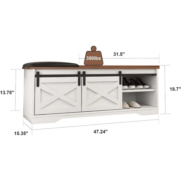 47 inch Shoes Bench with Sliding Barn Door Storage Cabinet and Adjustable Shelves - 47.24Lx15.35Dx18.7H