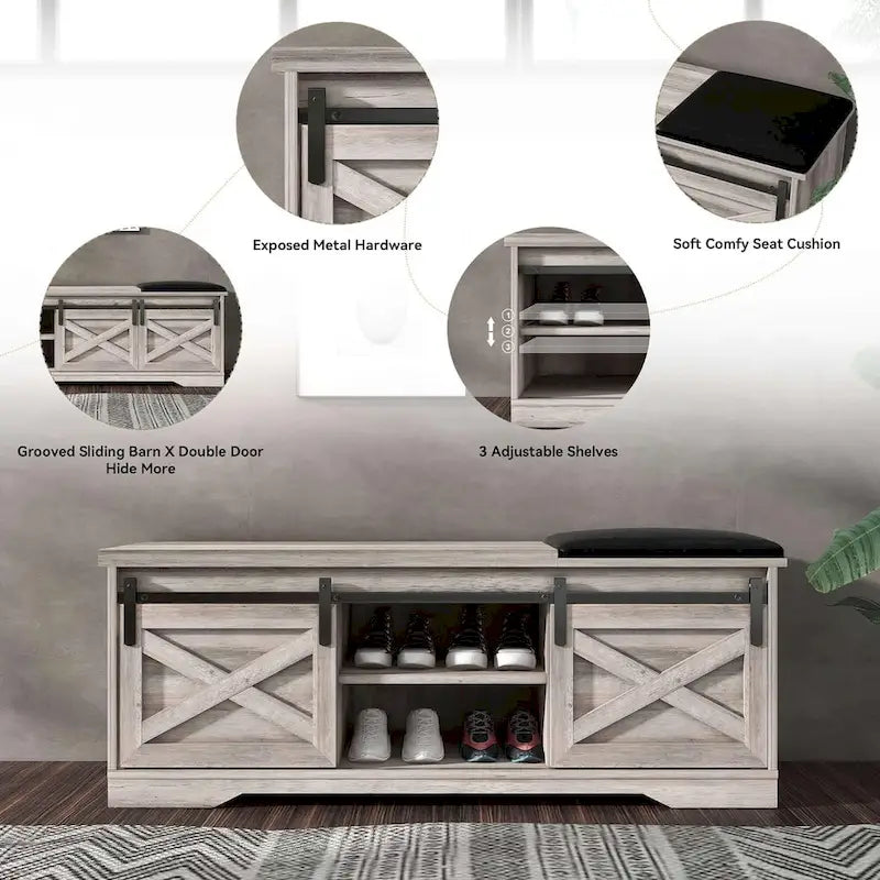 47 inch Shoes Bench with Sliding Barn Door Storage Cabinet and Adjustable Shelves - 47.24Lx15.35Dx18.7H