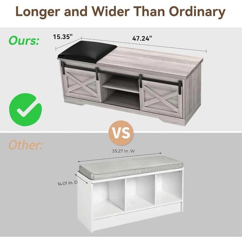47 inch Shoes Bench with Sliding Barn Door Storage Cabinet and Adjustable Shelves - 47.24Lx15.35Dx18.7H