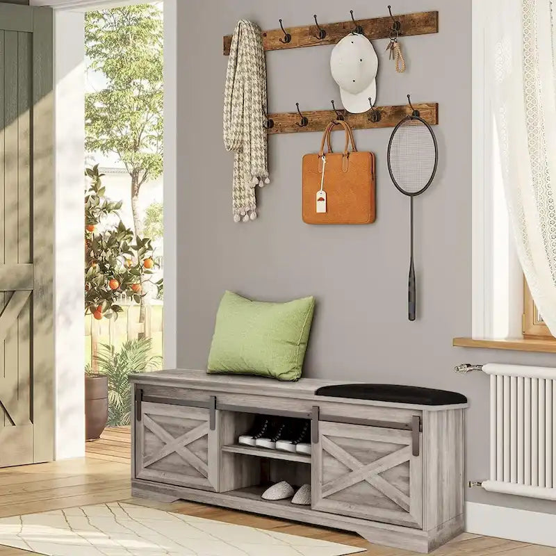 47 inch Shoes Bench with Sliding Barn Door Storage Cabinet and Adjustable Shelves - 47.24Lx15.35Dx18.7H