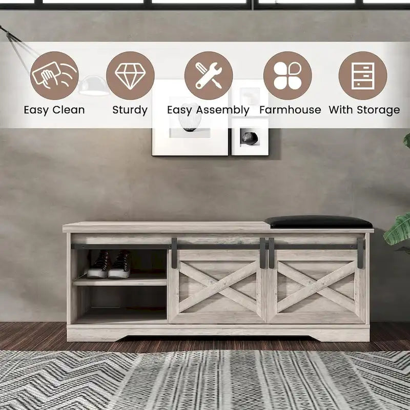 47 inch Shoes Bench with Sliding Barn Door Storage Cabinet and Adjustable Shelves - 47.24Lx15.35Dx18.7H