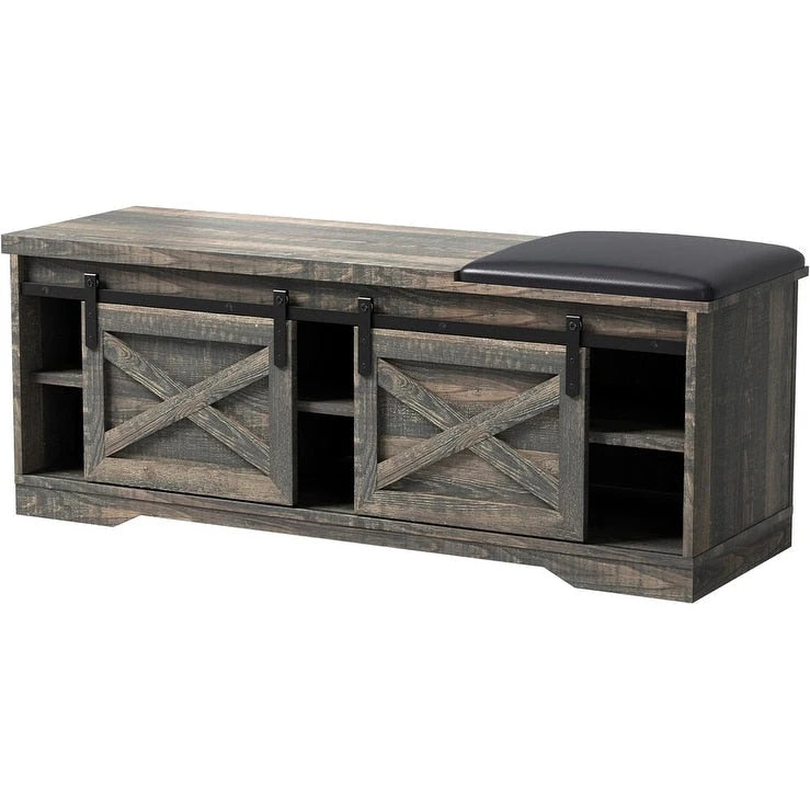 47 inch Shoes Bench with Sliding Barn Door Storage Cabinet and Adjustable Shelves - 47.24Lx15.35Dx18.7H