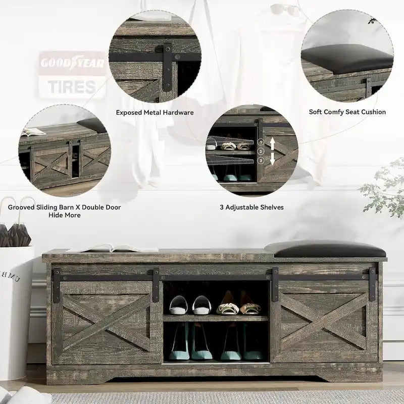 47 inch Shoes Bench with Sliding Barn Door Storage Cabinet and Adjustable Shelves - 47.24Lx15.35Dx18.7H