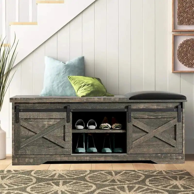 47 inch Shoes Bench with Sliding Barn Door Storage Cabinet and Adjustable Shelves - 47.24Lx15.35Dx18.7H