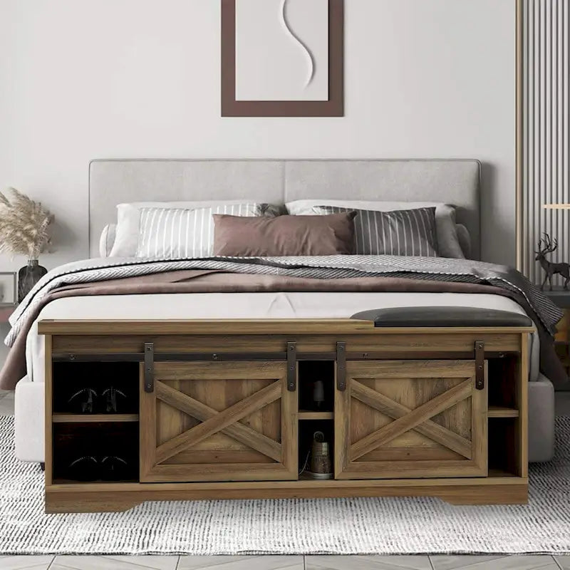 47 inch Shoes Bench with Sliding Barn Door Storage Cabinet and Adjustable Shelves - 47.24Lx15.35Dx18.7H