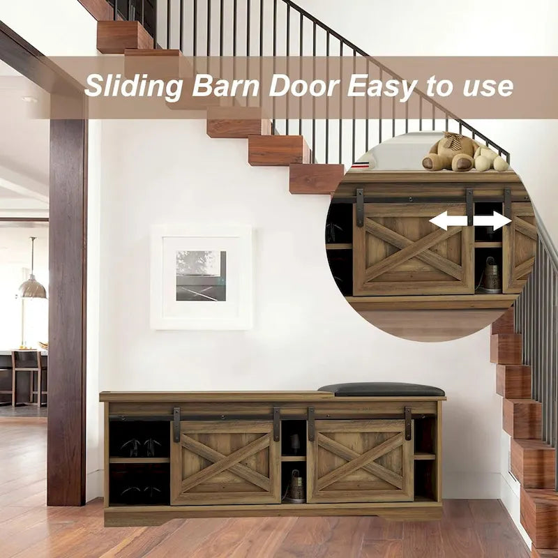 47 inch Shoes Bench with Sliding Barn Door Storage Cabinet and Adjustable Shelves - 47.24Lx15.35Dx18.7H
