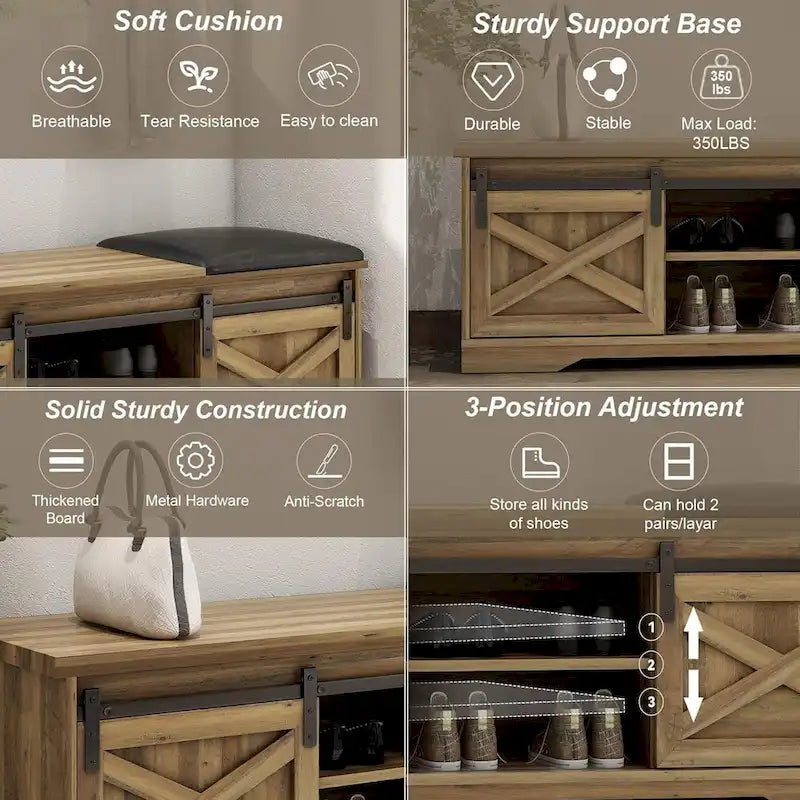 47 inch Shoes Bench with Sliding Barn Door Storage Cabinet and Adjustable Shelves - 47.24Lx15.35Dx18.7H