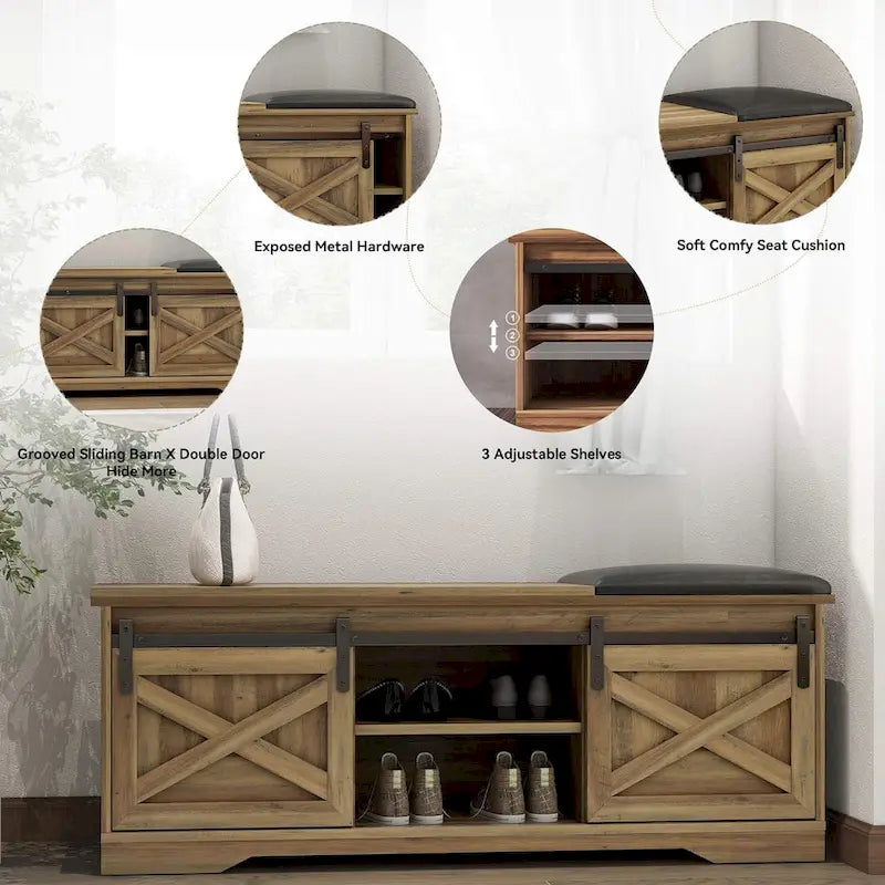 47 inch Shoes Bench with Sliding Barn Door Storage Cabinet and Adjustable Shelves - 47.24Lx15.35Dx18.7H