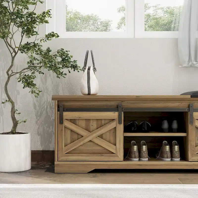 47 inch Shoes Bench with Sliding Barn Door Storage Cabinet and Adjustable Shelves - 47.24Lx15.35Dx18.7H