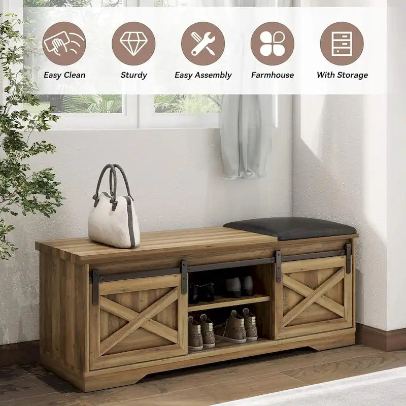 47 inch Shoes Bench with Sliding Barn Door Storage Cabinet and Adjustable Shelves - 47.24Lx15.35Dx18.7H