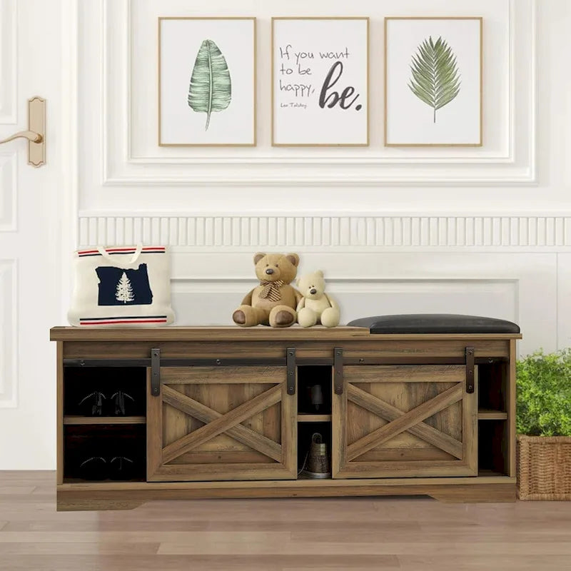 47 inch Shoes Bench with Sliding Barn Door Storage Cabinet and Adjustable Shelves - 47.24Lx15.35Dx18.7H