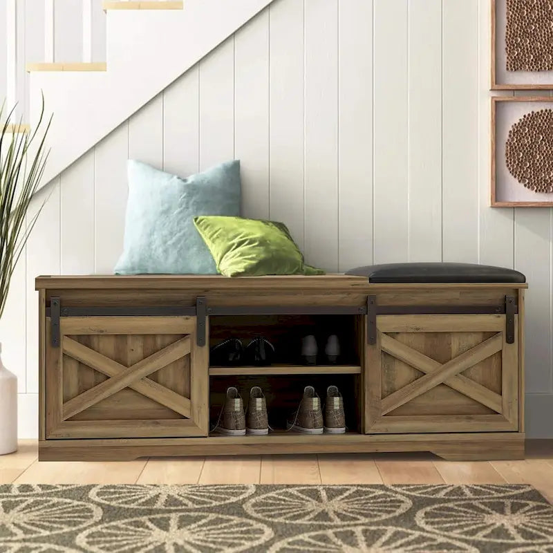 47 inch Shoes Bench with Sliding Barn Door Storage Cabinet and Adjustable Shelves - 47.24Lx15.35Dx18.7H