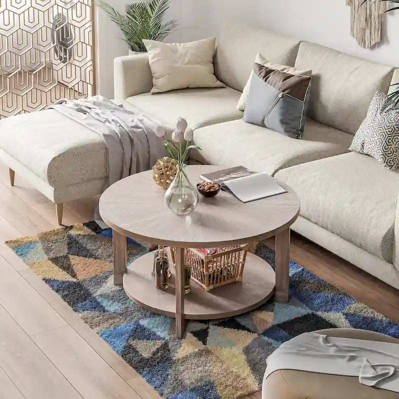 COZAYH Farmhouse Coffee Table with Storage Shelf, Rustic Round Country Accent Table with Stunning Radial Pattern, End table