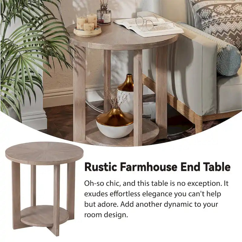 COZAYH Farmhouse Coffee Table with Storage Shelf, Rustic Round Country Accent Table with Stunning Radial Pattern, End table