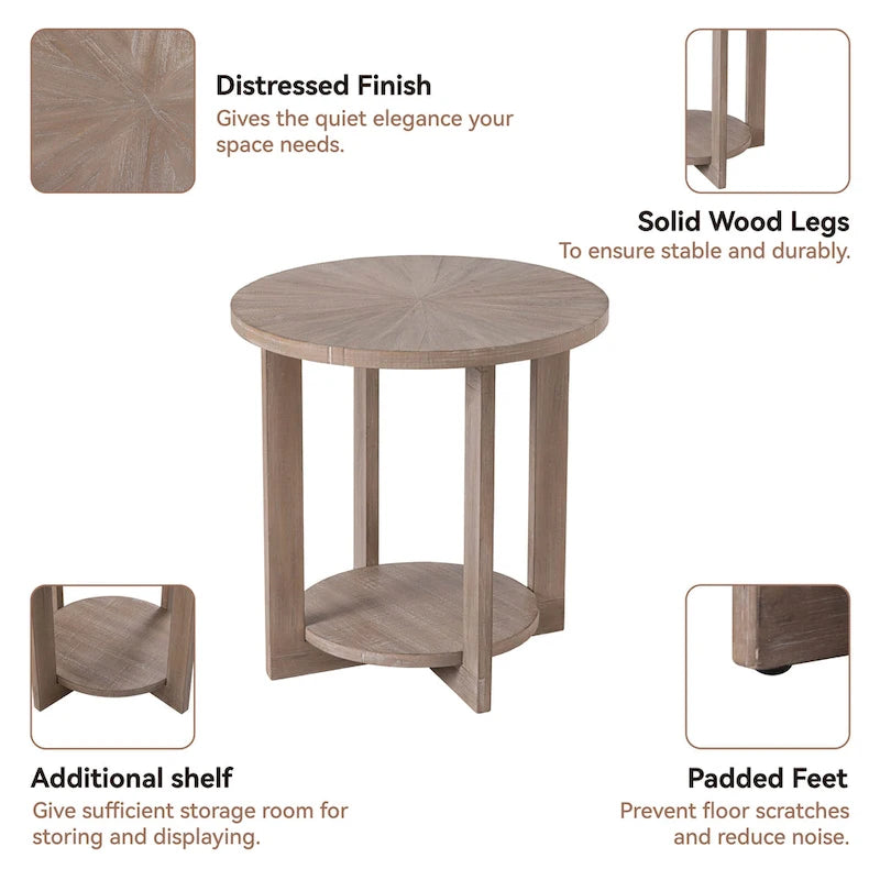 COZAYH Farmhouse Coffee Table with Storage Shelf, Rustic Round Country Accent Table with Stunning Radial Pattern, End table
