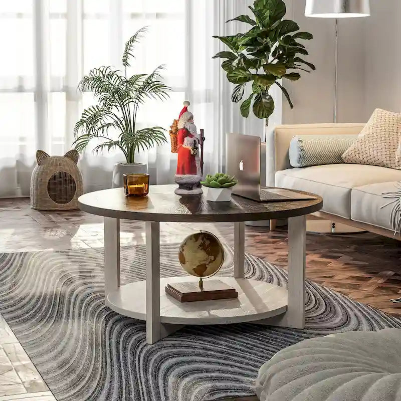 COZAYH Farmhouse Coffee Table with Storage Shelf, Rustic Round Country Accent Table with Stunning Radial Pattern, End table