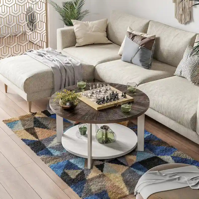COZAYH Farmhouse Coffee Table with Storage Shelf, Rustic Round Country Accent Table with Stunning Radial Pattern, End table