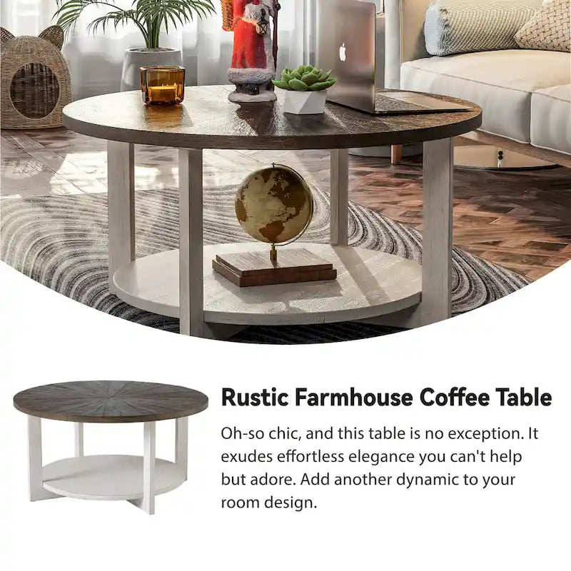 COZAYH Farmhouse Coffee Table with Storage Shelf, Rustic Round Country Accent Table with Stunning Radial Pattern, End table