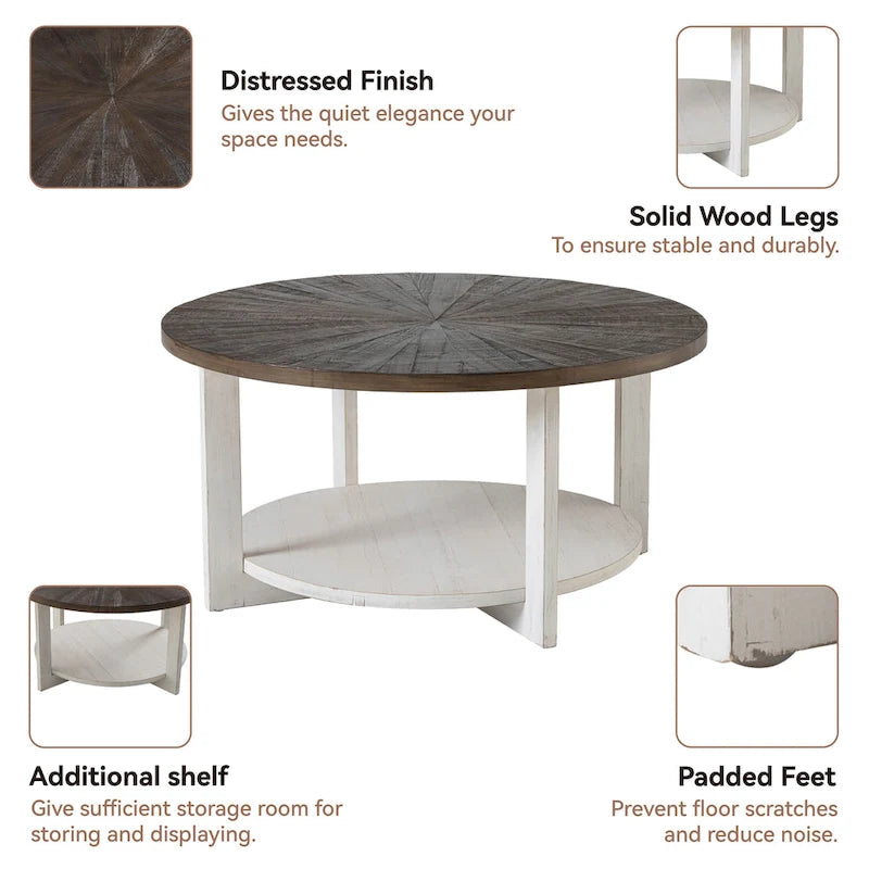 COZAYH Farmhouse Coffee Table with Storage Shelf, Rustic Round Country Accent Table with Stunning Radial Pattern, End table