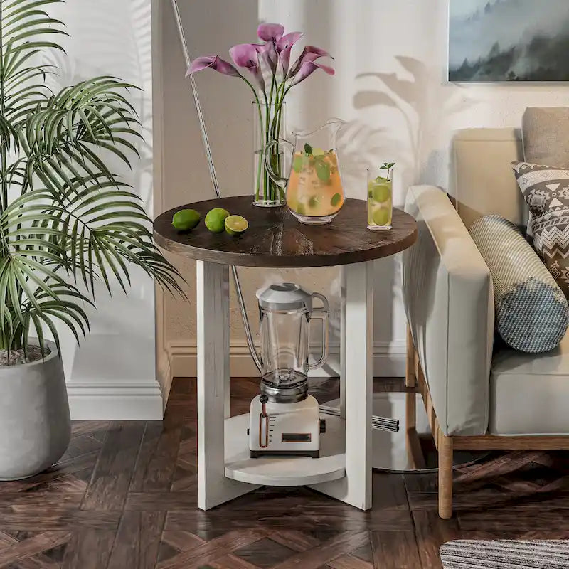 COZAYH Farmhouse Coffee Table with Storage Shelf, Rustic Round Country Accent Table with Stunning Radial Pattern, End table
