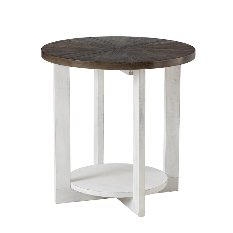 COZAYH Farmhouse Coffee Table with Storage Shelf, Rustic Round Country Accent Table with Stunning Radial Pattern, End table