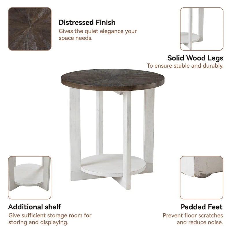 COZAYH Farmhouse Coffee Table with Storage Shelf, Rustic Round Country Accent Table with Stunning Radial Pattern, End table