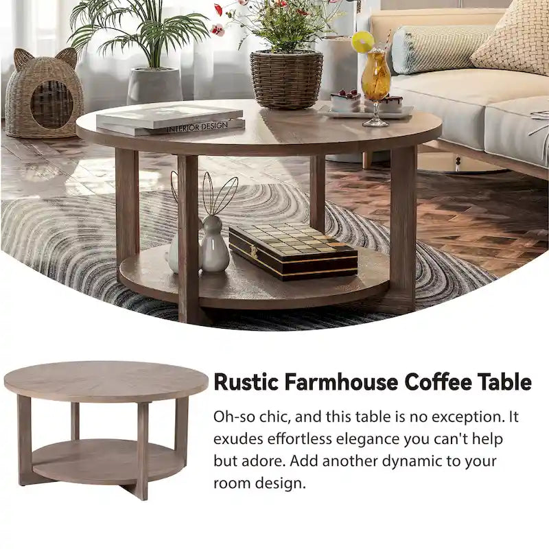 COZAYH Farmhouse Coffee Table with Storage Shelf, Rustic Round Country Accent Table with Stunning Radial Pattern, End table