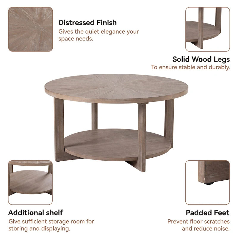 COZAYH Farmhouse Coffee Table with Storage Shelf, Rustic Round Country Accent Table with Stunning Radial Pattern, End table
