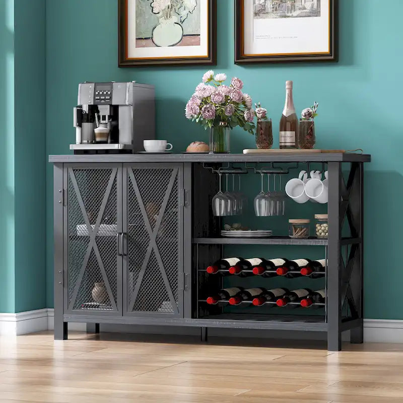 Myhozm Buffet Bar Cabinet with Wine Rack, Modern Buffet/Sideboard Wine Bar Dining Server, Grey/Brown