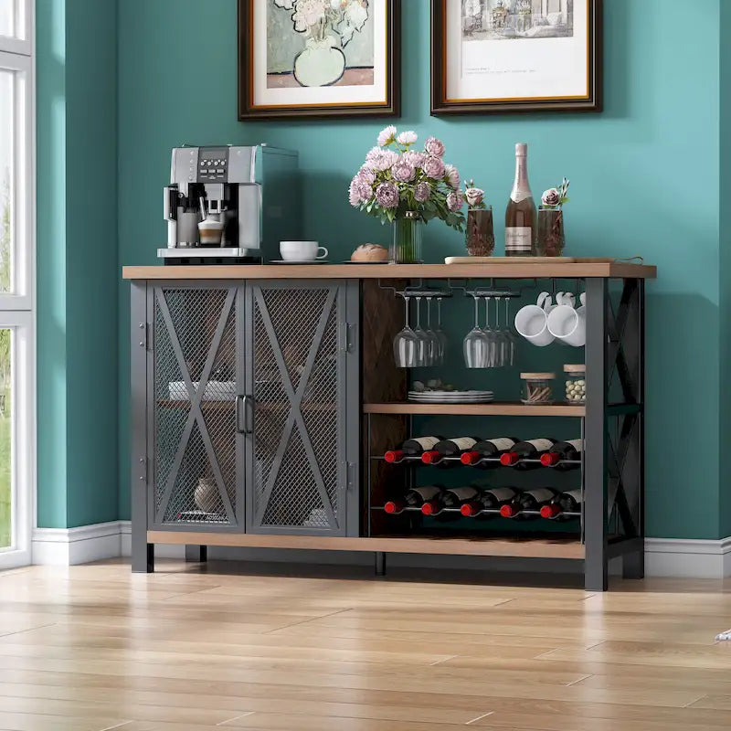 Myhozm Buffet Bar Cabinet with Wine Rack, Modern Buffet/Sideboard Wine Bar Dining Server, Grey/Brown