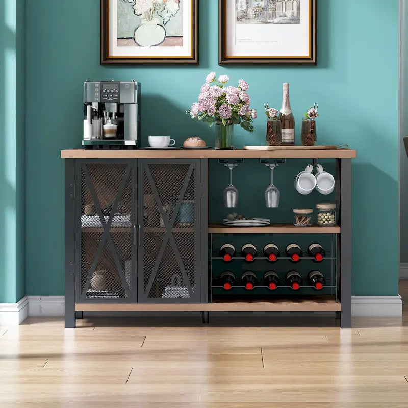 Myhozm Buffet Bar Cabinet with Wine Rack, Modern Buffet/Sideboard Wine Bar Dining Server, Grey/Brown