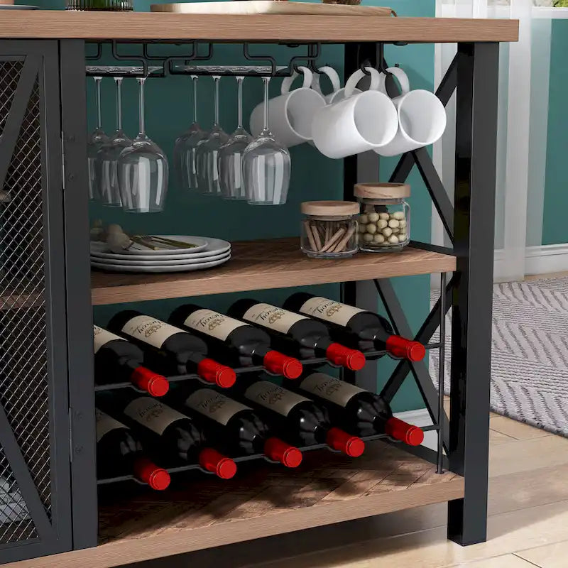 Myhozm Buffet Bar Cabinet with Wine Rack, Modern Buffet/Sideboard Wine Bar Dining Server, Grey/Brown