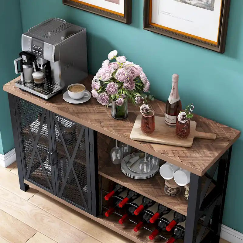 Myhozm Buffet Bar Cabinet with Wine Rack, Modern Buffet/Sideboard Wine Bar Dining Server, Grey/Brown
