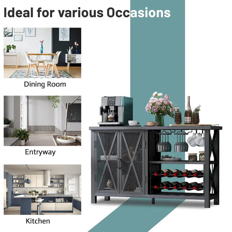 Myhozm Buffet Bar Cabinet with Wine Rack, Modern Buffet/Sideboard Wine Bar Dining Server, Grey/Brown