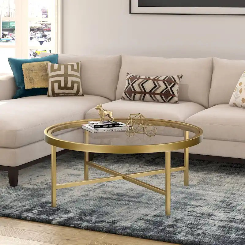 Xivil Contemporary Round Glass Top Steel Coffee Table