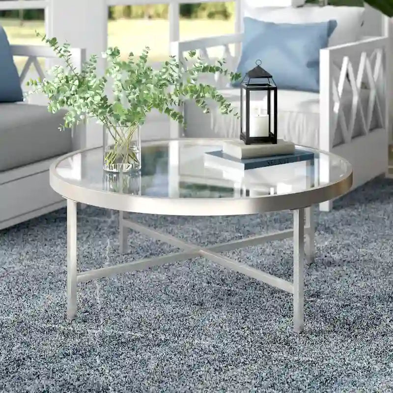 Xivil Contemporary Round Glass Top Steel Coffee Table