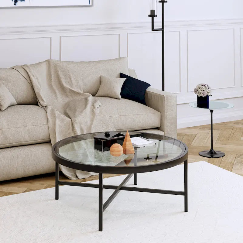 Xivil Contemporary Round Glass Top Steel Coffee Table