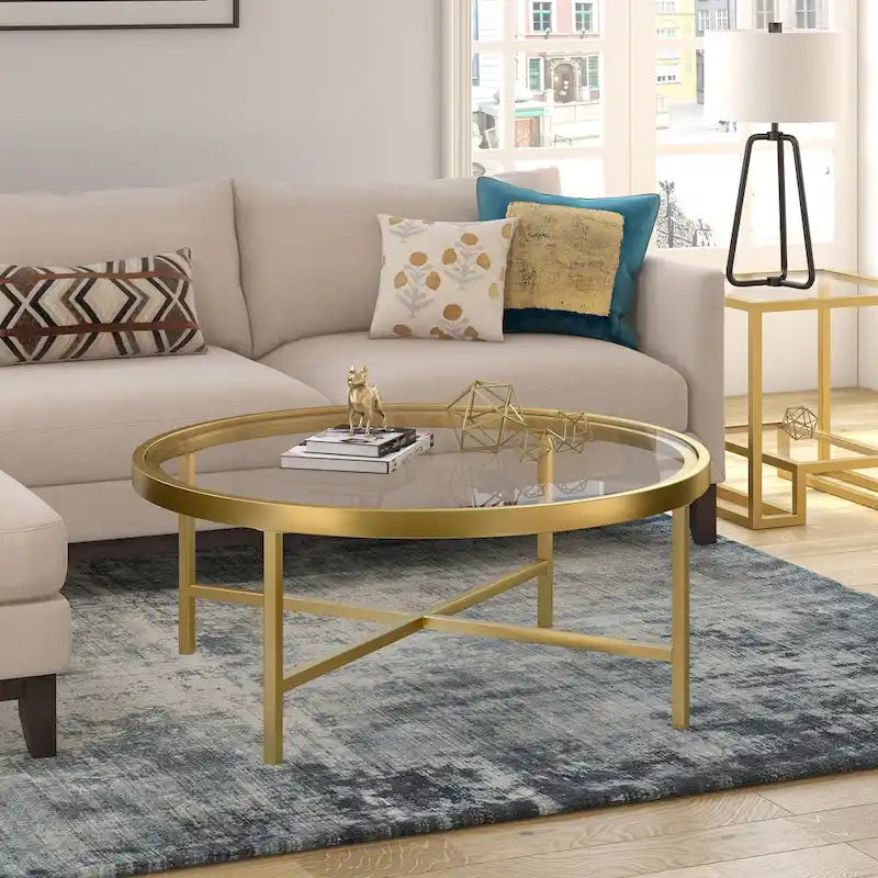 Xivil Contemporary Round Glass Top Steel Coffee Table