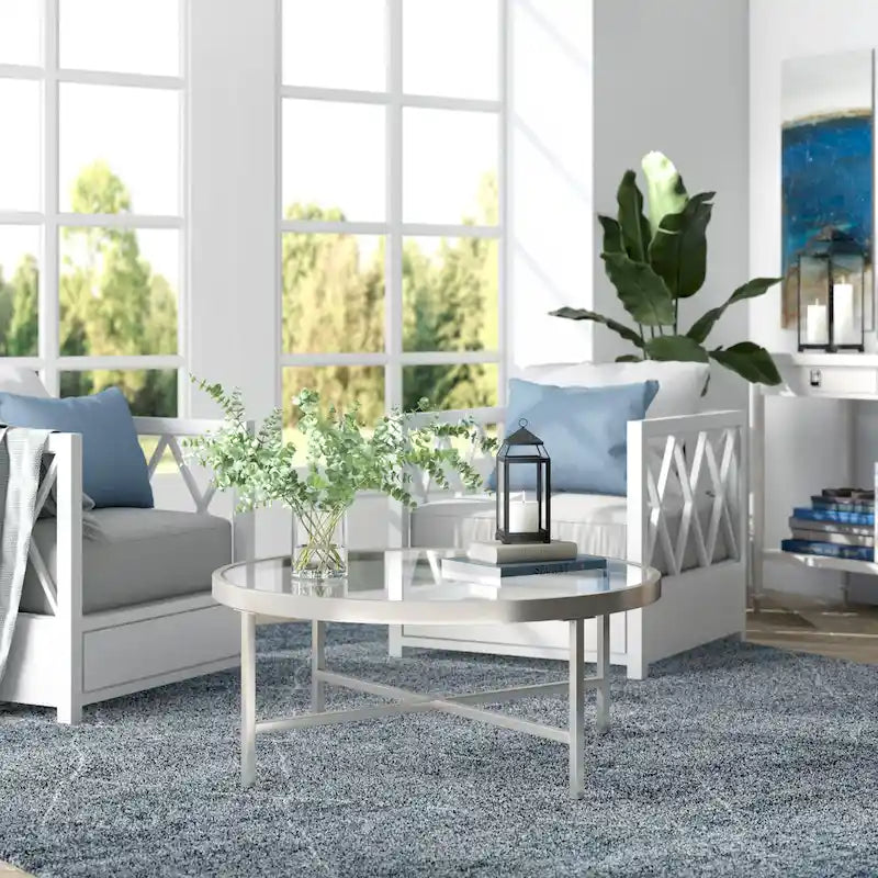 Xivil Contemporary Round Glass Top Steel Coffee Table