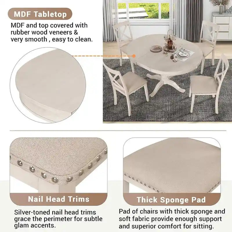 42-54  Farmhouse Round Extendable Dining Table Set for 4