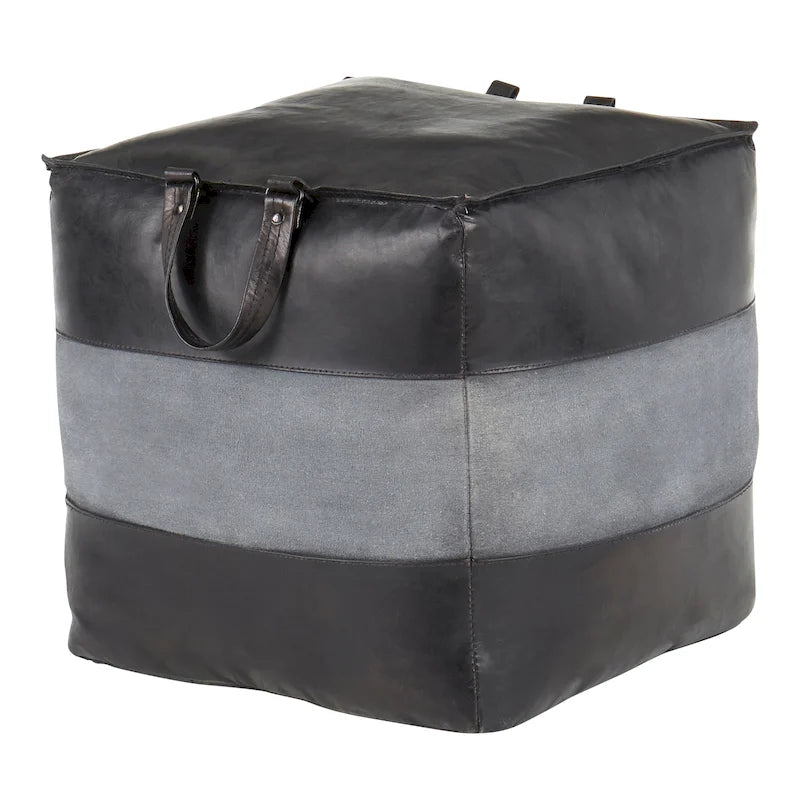 Carbon Loft Najah Industrial Pouf Ottoman in Leather and Canvas