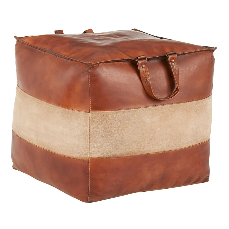 Carbon Loft Najah Industrial Pouf Ottoman in Leather and Canvas