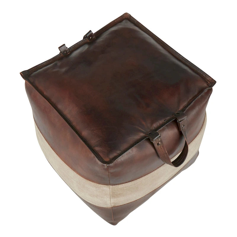 Carbon Loft Najah Industrial Pouf Ottoman in Leather and Canvas