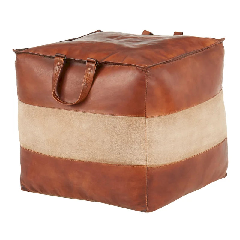 Carbon Loft Najah Industrial Pouf Ottoman in Leather and Canvas